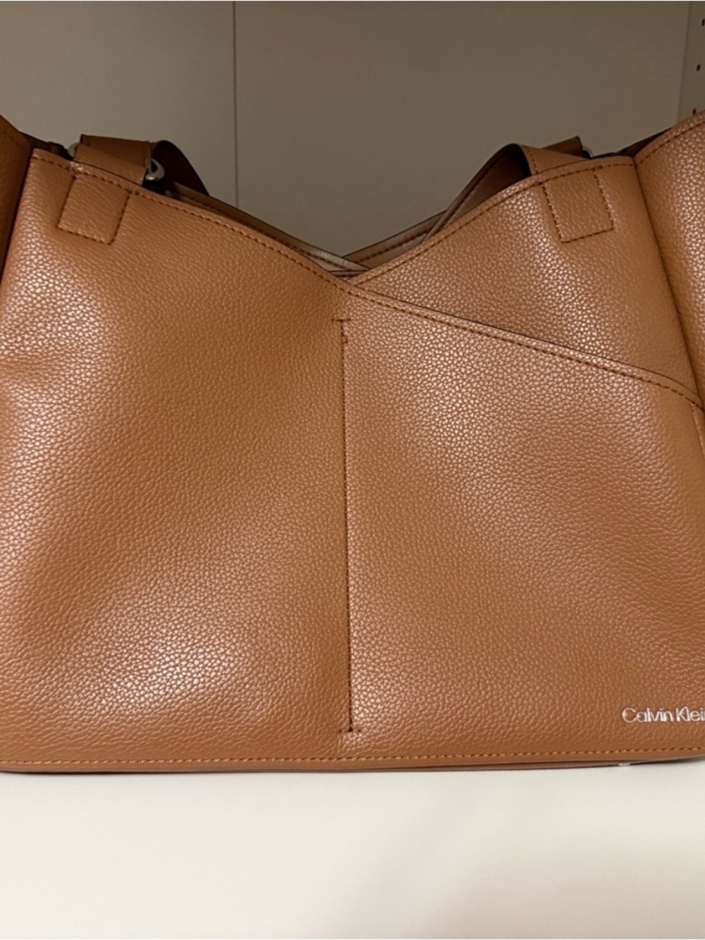 Calvin Klein Cognac Brown Pebbled Leather Messenger Bag with two Organizers